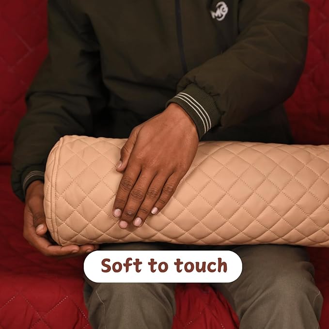 Neck Roll Pillow Cushion Cover, 20x5 Inch Full Moon Round Bolster Pillow Case, Cylinder Soft Lambskin Leather Pillowcase for Head, Spine & Neck Support During Sleep - Quilted Beige Pack of 2