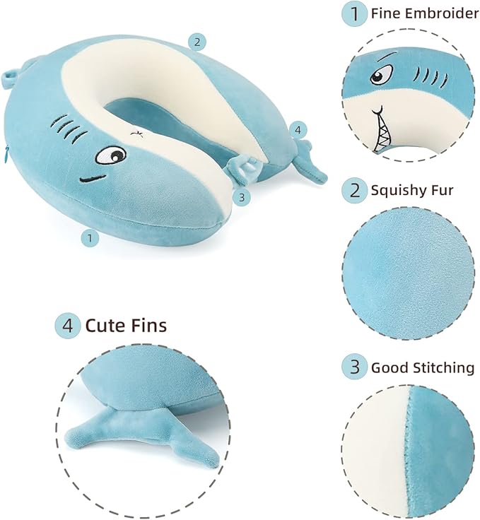 Niuniu Daddy Shark Kids Travel Neck Pillows for 3-8 Years Old, Soft Adjustable Memory Foam Neck Pillows for Plane, Car Seat, Traveling, Sleeping - Kids Road Trip Essentials for Boys Girls Presents