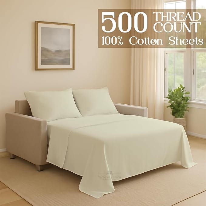 Sleeper Sofa 4 Piece Bed Sheet Set Premium Quality 100% Cotton 500 Thread Count, Smooth & Super Soft Sateen Weave, Extra Soft Bed Sheets, Wrinkle Free, 6 Inch Deep Pocket (Twin, Ivory)