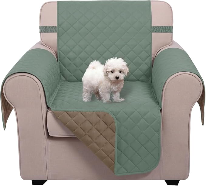 U-NICE HOME Recliner Chair Covers Reversible Chair Cover Pet Covers for Dogs with Elastic Straps Water Resistant Diamond Quilted (23''Recliner Small, Greyish Green/Taupe)