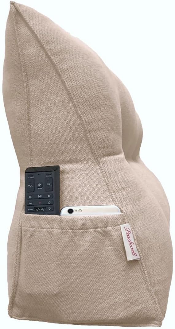 Triangular Reading Bed Rest Pillow Large Bolster Cushion Headboard Backrest Wedge Pillow with Removable Cover and Two Large Side Pockets (Champagne, Queen: 59 x 8 x 20 inches)