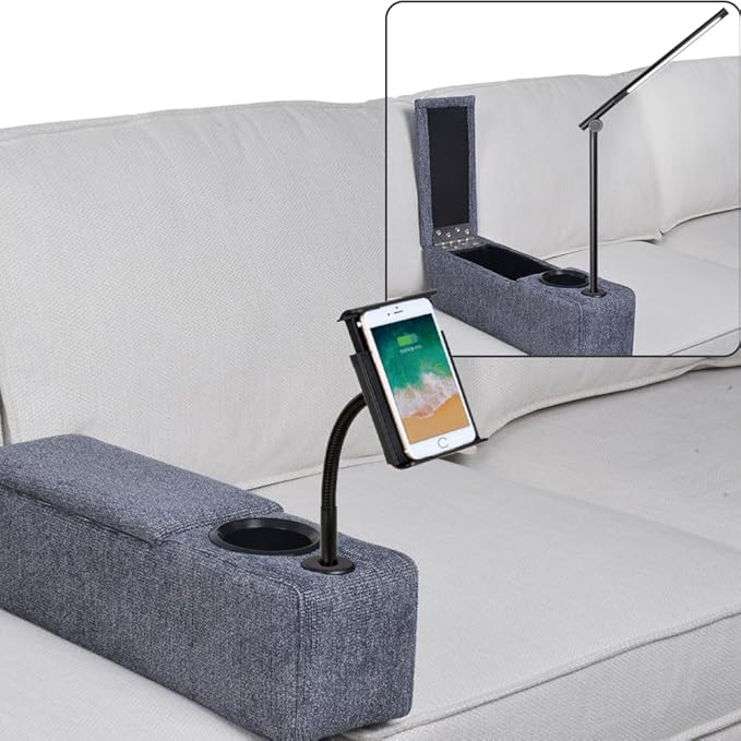 Multifunctional Sofa Armrest, Couch Armrest with Wireless Charge Stand, Removable Couch Caddy with Storage,Including LED Reading Light,Navy