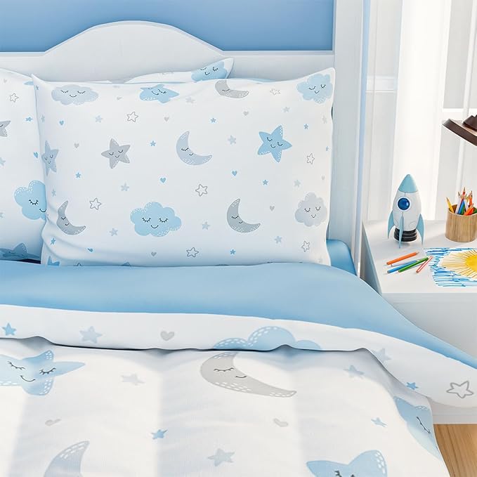 Star and Moon Comforter Set Full Size 98x86in for Kids Boys Girls Unisex, Microfiber Bedding Set 4 Pcs Includes 1 Comforter, 2 Pillowcases, 1 Fitted Sheet, Nursery Room Decor Christmas Birthday