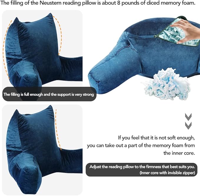 Neustern Reading Pillow for Sitting in Bed Adult, Back Pillow for Bed Shredded Memory Foam Chair Pillow with Arms and Pockets, Backrest and Support with Washable Cover for Watching TV/Gaming/Relaxing