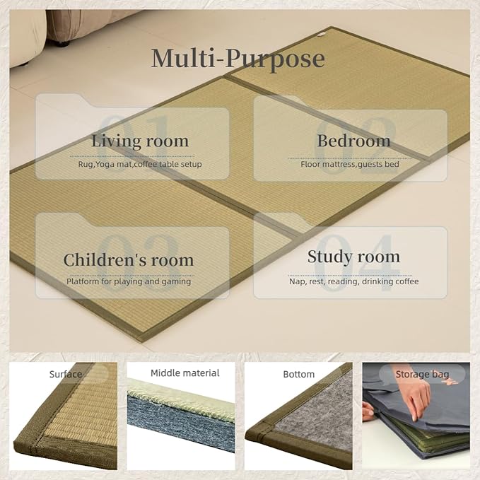 MustMat Tatami Mat Rush Grass Tatami Mattress Japanese Traditional Foldable (Full_xl-55"x82")