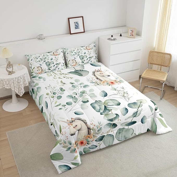 Erosebridal Kids Cute Animal Toddler Size Comforter Set for Girls Boys Cartoon Unicorn Bedding Set, Spring Eucalyptus Down Comforter Watercolor Floral Bed Set, Kawaii Magical Animal Quilted Duvet