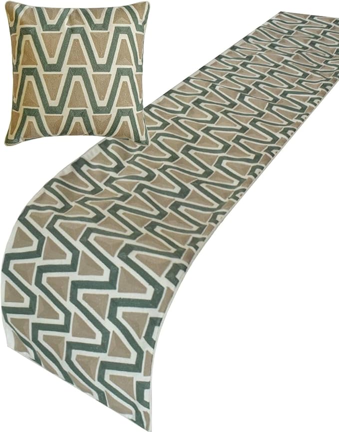The HomeCentric Muted Green & Mocha Brown Bed Runner for King/Queen/Twin Cotton Decorative Bed Scarf 53"x18" Bed Runner Without Pillow Cover, Geometric Bed Scarf Bedroom Décor Accent - Triad
