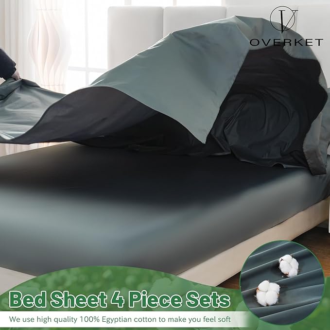 100% Egyptian Cotton Sheets King Size 4PCS 1000 Thread Count Sateen Weave Soft Breathable 16-Inch Deep Pocket （King,Lake Blue）