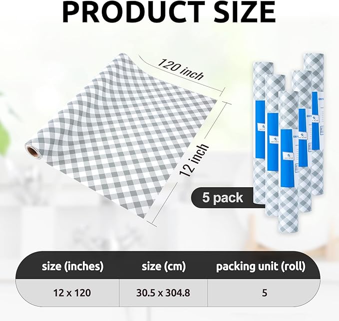 RAY STAR 12X120 Inch Shelf Liner for Kitchen Cabinets, Non-Adhesive Cabinet Liner Washable, PVC Drawer Liner for Dresser Non-Slip Bathroom (Plaid)(5 Roll)