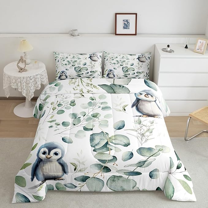 Erosebridal Cartoon Penguin King Size Comforter Set Toddler Woodland Wildlife Bedding Set, Spring Plant Down Comforter Eucalyptus Leaf Bed Set, Antarctic Animal Theme Quilted Duvet Kids Room Decor