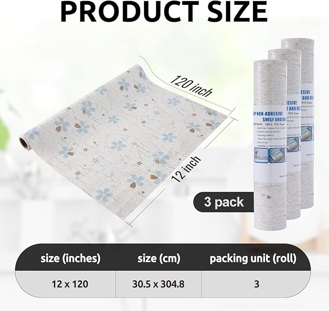 RAY STAR 12X120 Inch Shelf Liner for Kitchen Cabinets, Non-Adhesive Cabinet Liner Washable, PVC Drawer Liner for Dresser Non-Slip Bathroom (Floral)(3 Roll)