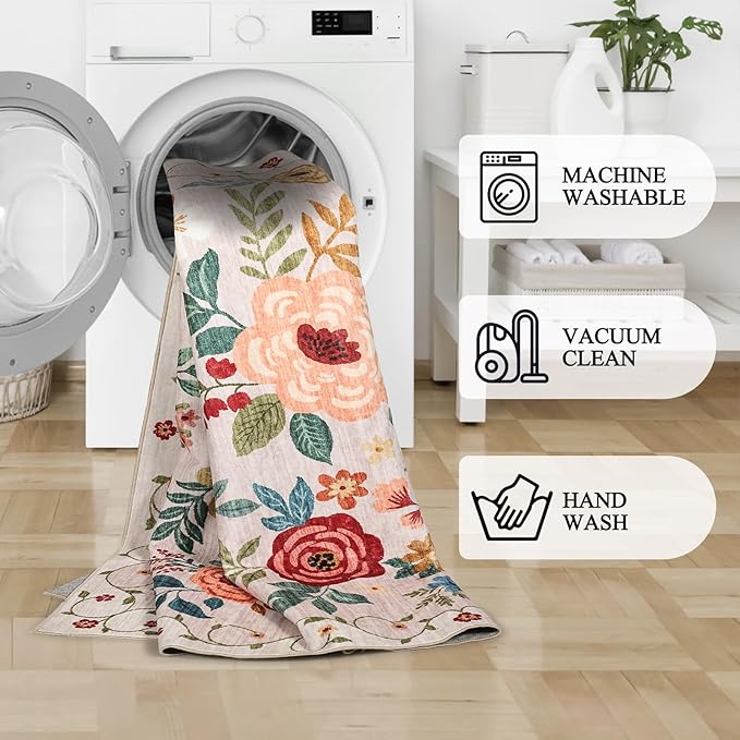 DUKINO 2x3 Rugs for Entryway, Floral Indoor Washable Door Mat, Non Slip Boho Small Rug for Kitchen, Soft Low Pile Front Door Throw Rug for Entrance, Bedroom, Kitchen, Laundry, Bathroom, Beige
