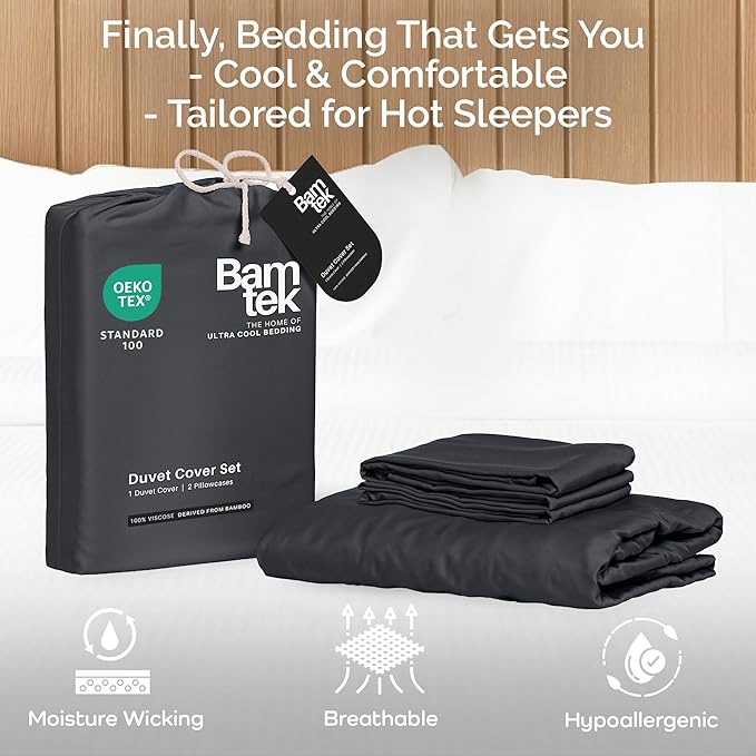 Duvet Cover Set - 100% Viscose Derived from Bamboo Duvet Cover Queen Size, 3 PC Luxury Cooling Duvet Cover for Hot Sleepers, Buttery Soft Comforter Cover & 2 PC Queen Pillowcases, Charcoal