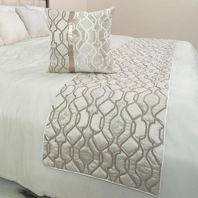 The HomeCentric King/Queen/Twin Ivory & Silver Decorative CA King 86"x18" Bed Runner Without Pillow Cover, Lattice & Quilted Bed Scarf on Jacquard Silk Fabric - Ivory Delicacy