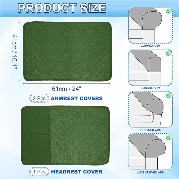 uxcell 3 PCS Armrest Covers, Couch Arm Cover Furniture Protect Slide Recliner Chair Armchair Covers with Side Storage Pocket for Sofa Recliner, Army Green