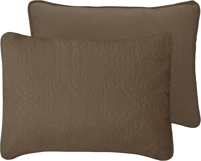 Easy-Going Twin Size Reversible Quilt Set with 1 Quilt and 1 Pillow Sham, Soft Bed Quilt Cover, Water Resistant Lightweight Microfiber Bedspread, Stain Resistant, Olive Leaf-Camel/Ivory