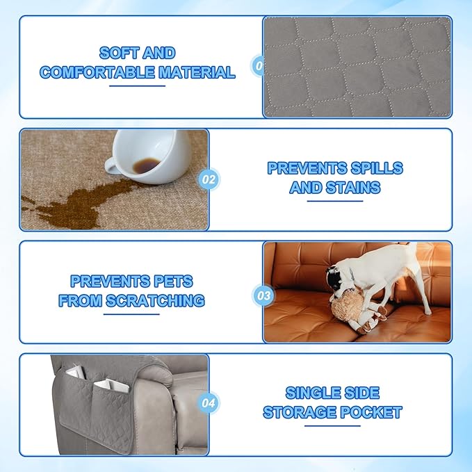 uxcell 3 PCS Armrest Covers, Couch Arm Cover Furniture Protect Slide Recliner Chair Armchair Covers with Side Storage Pocket for Sofa Recliner, Light Grey