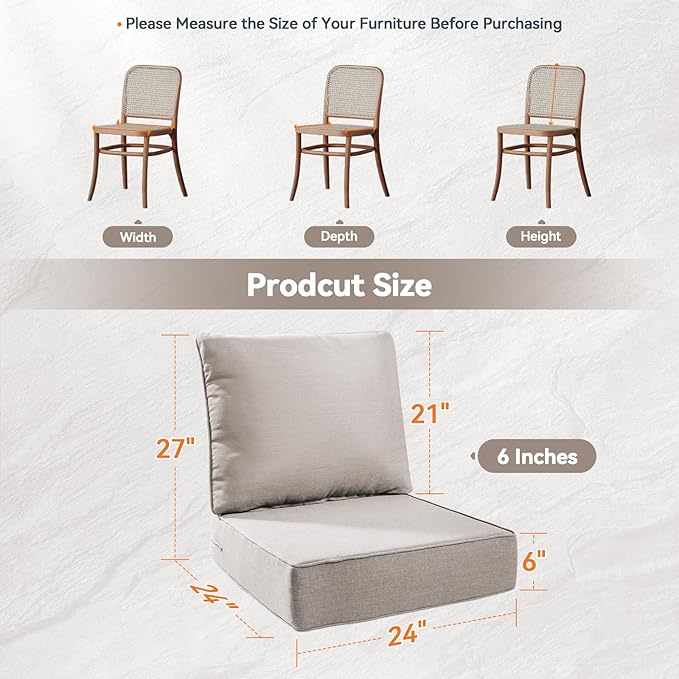 Luxury 6" Outdoor Cushions for Patio Furniture, 24x24x6" Thick Seat Cushion Set of 5, Fade Resistant Couch Chair Replacement Cushions High Density Deep Wicker Chair Cushion w/ Removable Cover, Beige