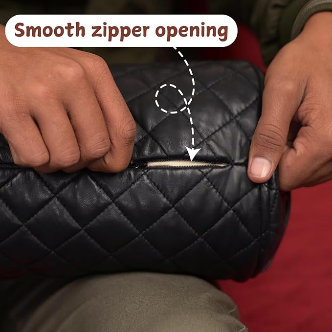 Neck Roll Pillow Cushion Cover, 18x6 Inch Full Moon Round Bolster Pillow Case, Cylinder Soft Lambskin Leather Pillowcase for Head, Spine & Neck Support During Sleep - Quilted Black Pack of 2