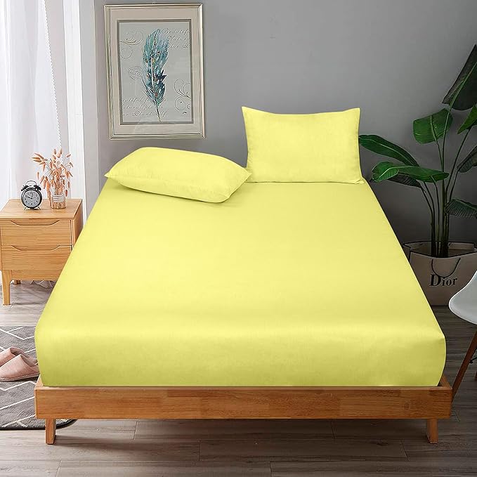 ROYALE LINENS 300 Thread Count 100% Long Staple Combed Cotton Fitted Sheet Twin - Super Soft Deep Pocket Bottom Sheet - Fitted Sheets Only - Elastic Sheets (Twin, Yellow)