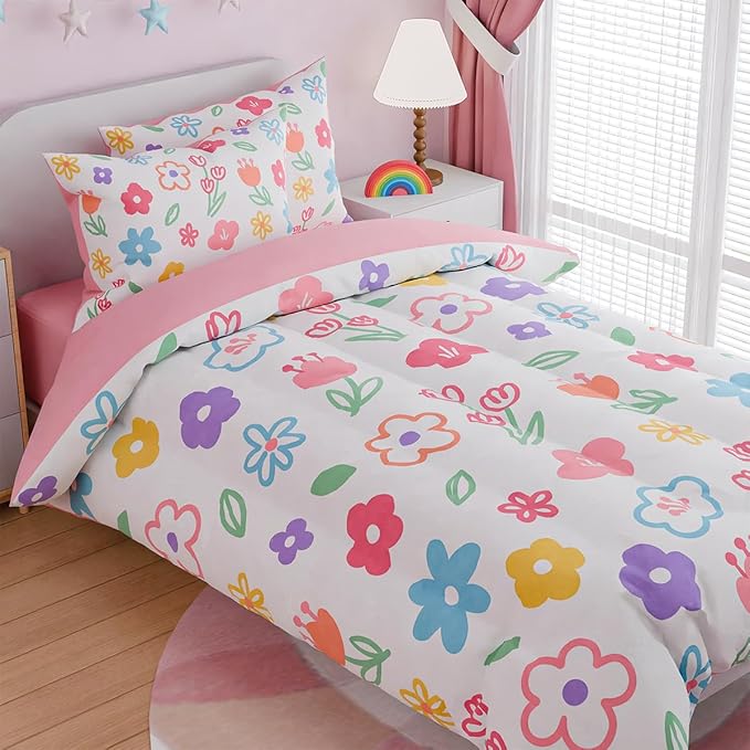 SANDJEST Floral Twin Bedding Sets for Girl, Ultra Soft Microfiber Comforter Bed Set with 3-Pieces, Flower Comforters Sets for Kids Children Girl Teen Tween Bedroom Decor