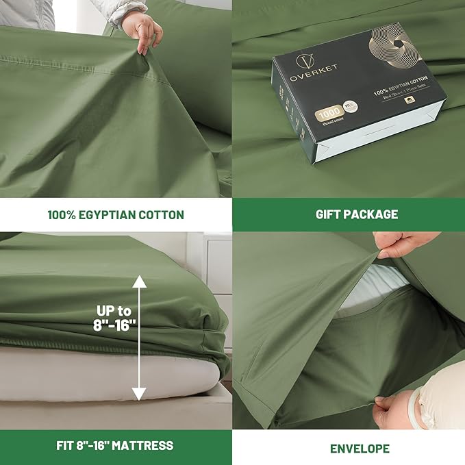 100% Egyptian Cotton Sheets King Size 1000 Thread Count Sateen Weave Soft Breathable 16-Inch Deep Pocket 4PCS（King,Olive Green）