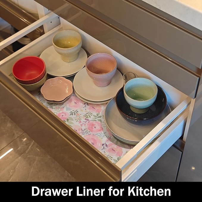 Peach Peony Shelf and Drawer Liner 12IN x 20FT,Non-Adhesive and Strong Non-Slip Floral Cabinet Drawer Liners for Kitchen Shelf, Waterproof Cupboard Liners,Easy to Clean