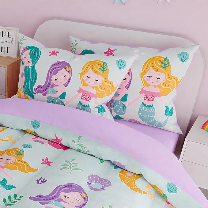 SANDJEST Mermaid Bedding Twin for Girls, Ultra Soft Microfiber Comforter Set Twin Size with 3-Pieces, Comforters Bed Sets for Kid Children Teen Tween Bedroom Decor