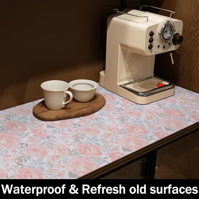 Peony Shelf and Drawer Liner for Kitchen,Non-Adhesive and Strong Non-Slip Floral Cabinet Drawer Liners for Kitchen Shelf, Waterproof Cupboard Liners,Easy to Clean,12IN x 10FT