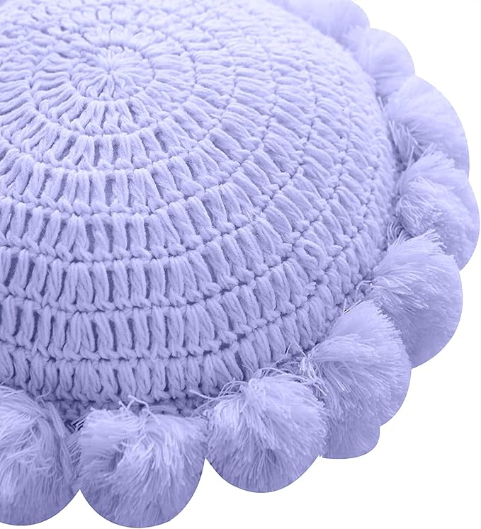 Boho Round Throw Pillow with Cute Handmade Pom Poms Tassels 18 Inch, Decorative Circular Knitted Crochet Cushion for Couch, Sofa, Chair, Bed, Purple