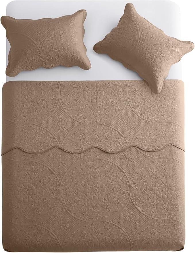 IR Imperial Rooms Twin Quilt Bedding Set Size (68” x 86”) + 1 Pillow Shams (20” x 26” + 2”) - 2 Pcs All Season Lightweight Reversible Microfiber Coverlet Floral Embossed Quilt Bedspread (Beige)