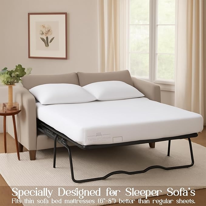 Sleeper Sofa 4 Piece Bed Sheet Set Premium Quality 100% Cotton 500 Thread Count, Smooth & Super Soft Sateen Weave, Extra Soft Bed Sheets, Wrinkle Free, 8 Inch Deep Pocket (Twin, White)