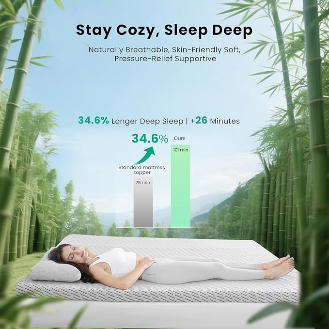 Bamboo Mattress Topper Queen Size 2 Inch, Cooling Gel & Bamboo Charcoal Memory Foam Mattress Topper for Back Pain Relief, Firm Dual-Layer Foam Bed Pad with Removable Cover