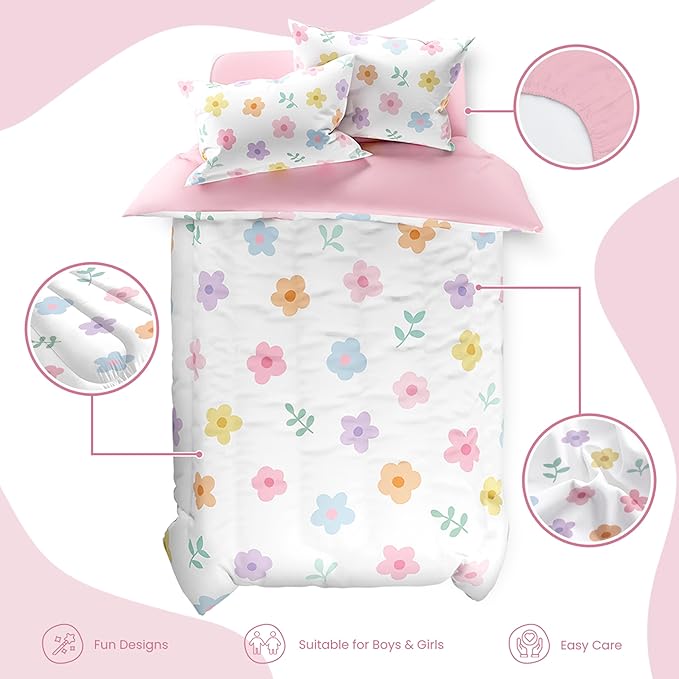 SANDJEST Floral Comforter Set Full Size 98x86in for Kids Girls, Microfiber 4 Pieces Bedding Set Includes 1 Comforter, 2 Pillowcases, 1 Fitted Sheet, Nursery Room Decor