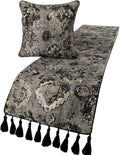 The HomeCentric Designer Black & Grey King 90 x 18 inch Bed Runner with 2 Pillow Cover Set, Velvet Damask with Tassels Bed Scarf, Abstract Modern - Paved Damask