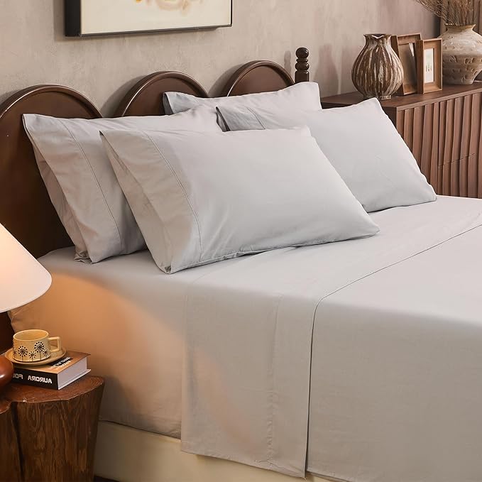100% Linen Sheet Set Cal King Size Extra Deep Pocket Fits 18-24 Inch Mattress, Breathable & Soft, Smooth 6-Piece Set for Thick Mattresses Hotel Luxury Bedding（Cal King, Grey）