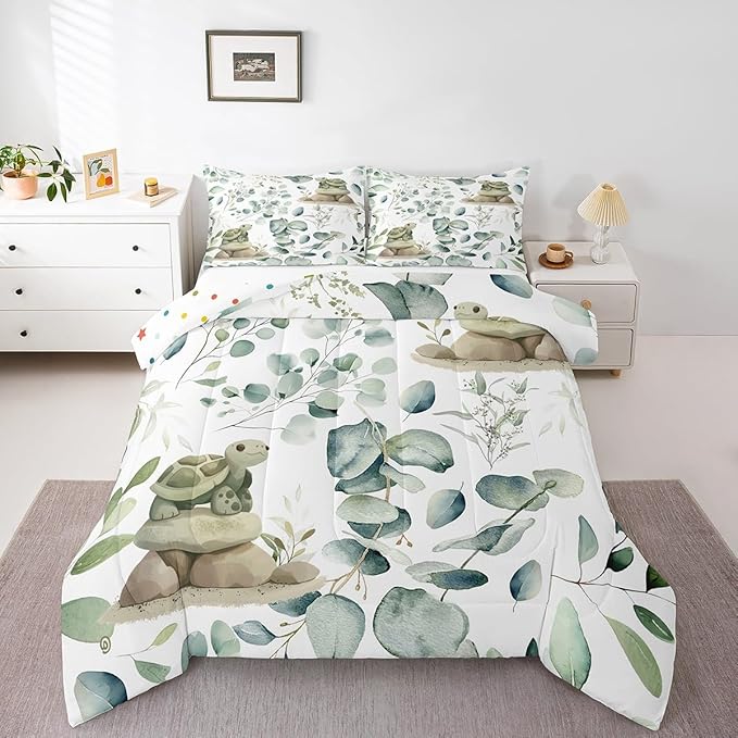Erosebridal Kawaii Turtle Toddler Comforter Set for Boys Girls Cartoon Animal Bedding Set Toddler, Eucalyptus Leaves Bedding Comforter Sets Marine Wildlife Duvet Set, Tropical Plants Quilted Comforter