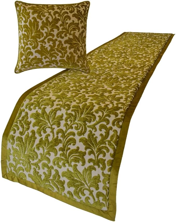 The HomeCentric King/Queen/Twin Chartreuse Designer Twin 53"x18" Bed Runner with Pillow Cover, Velvet, Floral Pattern Bed Scarf on Velvet Fabric - Enchanted Chartreuse