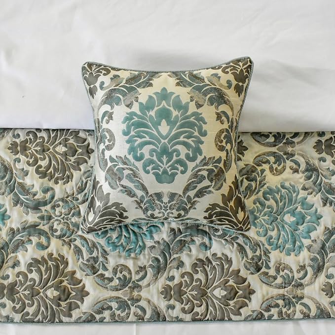 The HomeCentric King/Queen/Twin Blue Decorative Full 68"x18" Bed Runner with 2 Pillow Cover, Damask Bed Scarf on Jacquard Fabric - Royal Elegance