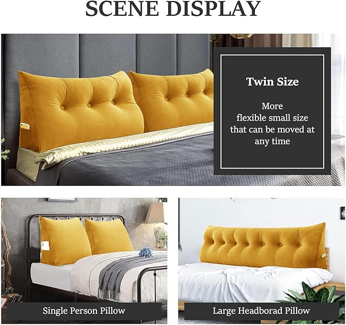 Bed Wedge Headboard Pillow - College Dorm Reading Pillow Back Support While Sitting in Bed - Ergonomic Lumbar Pillow Body Positioning Bed Pillow - Velvet Golden Yellow 76IN