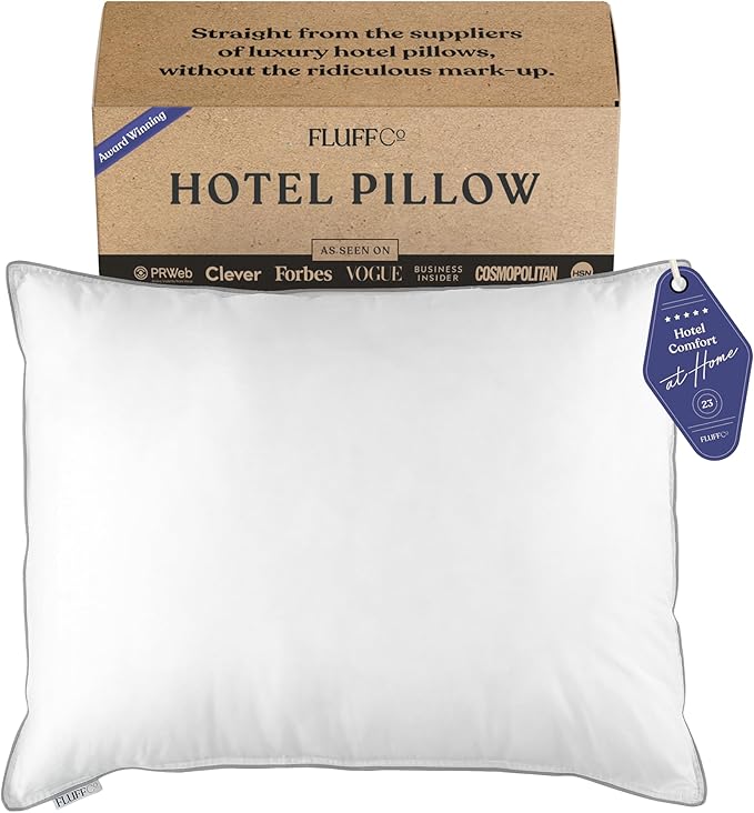 FluffCo Zen Fluff Pillows - Down Alternative - Standard/Queen Bed Pillow for Sleeping Made in USA - Luxury Hotel-Quality Pillow - Gift for Home - 100% Cotton, 300 Thread Count (Queen Size 1 Pack)