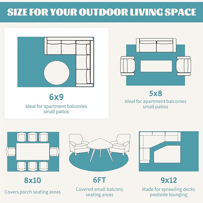 Ileading Reversible Plastic Outdoor Rug Modern Geometric Style Straw Mat, Waterproof Patios Carpet 6x9ft Non Shedding Portable Decor Area Rugs for Deck RV Picnic Beach Backyard (6' x 9'Teal)