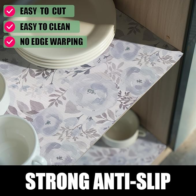 Blue Floral Shelf and Drawer Liner for Kitchen,12IN x 20FT Non-Adhesive and Strong Non-Slip Peony Cabinet Drawer Liners for Kitchen Shelf, Waterproof Cupboard Liners,Easy to Clean