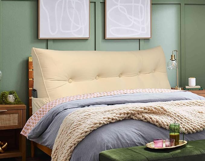 Triangular Reading Bed Rest Pillow Large Bolster Cushion Headboard Backrest Wedge Pillow with Removable Cover and Two Large Side Pockets (Beige, Queen: 59 x 8 x 20 inches)