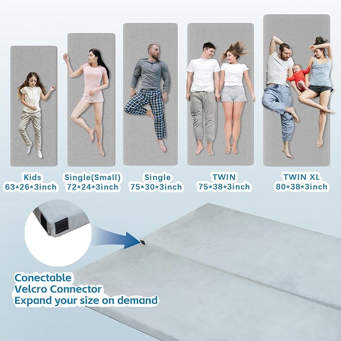 KingChii CertiPUR-US Memory Foam Camping Mattress, Portable Roll Up Travel Car Camping Mattress Sleeping Pad & Floor Mattress, Cot Mattress Guest Bed for Sleepover with Waterproof Cover & Travel Bag