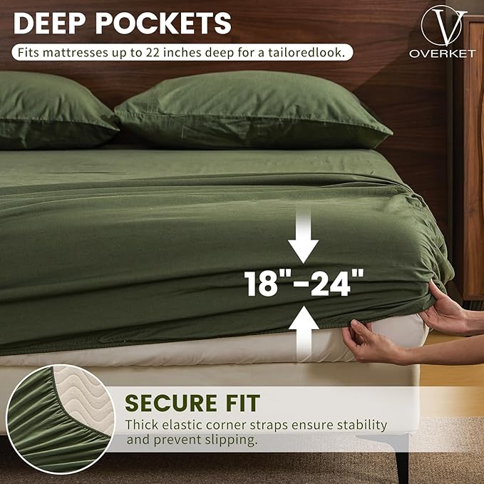 100% Linen Sheet Set Cal King Size Extra Deep Pocket Fits 18-24 Inch Mattress, Breathable & Soft, Smooth 6-Piece Set for Thick Mattresses Hotel Luxury Bedding（Cal King, Forest Green）
