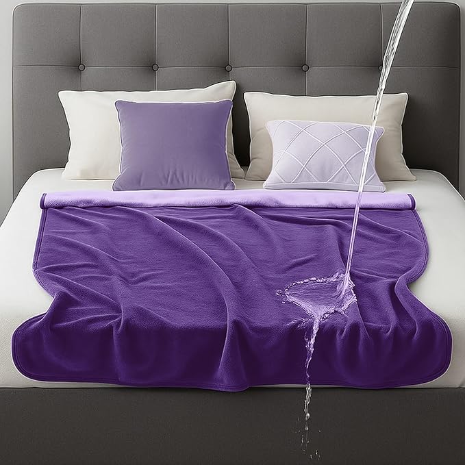 Waterproof Blanket for Bed Couch Sofa, 40''x60'' Reversible & Washable, Fleece and Flannel Waterproof Mat, Water Resistant Bed Cover, Leakproof Mattress Protector(Light Purple/Dark Purple)