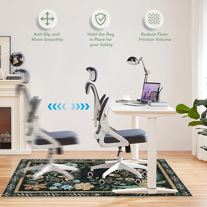 Office Chair Mat for Hardwood Floor&Tile Floor,36"x48" Heavy Duty Desk Chair Mat for Hard Floors,Under Desk Rug for Rolling Computer Chair,Anti Slip,Low Pile Carpet Floor-Square Frame Colorful Flowers