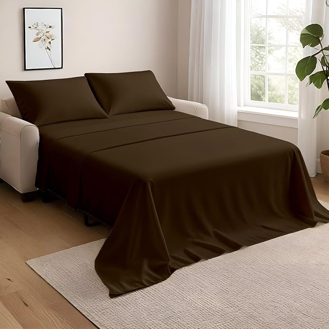 NON Sticky cotton Twin Size Sleeper Sofa Sheets, 4 Piece Egyptian Cotton Bed Sheet Set for Sofa Bed, 8" Deep Pocket for Pull Out Couch Mattress, 39" x 75", Chocolate Solid, Soft & Breathable
