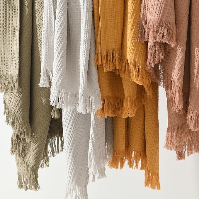 100% Cotton Waffle Blanket with Fringe, Pre-Washed Waffle Weave Blanket for All Season, Lightweight Breathable Soft Cozy Throw Blanket for Couch, Bed, Travel (Mustand Yellow - 66x90 Inches)